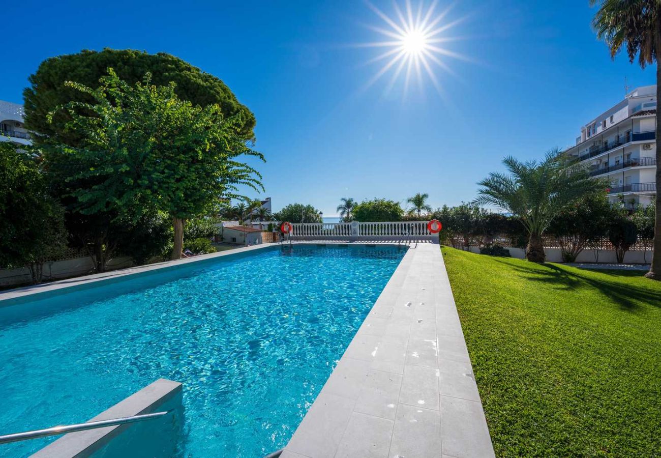 Saltwater swimming pool at Edificio Carabeo on a sunny day.