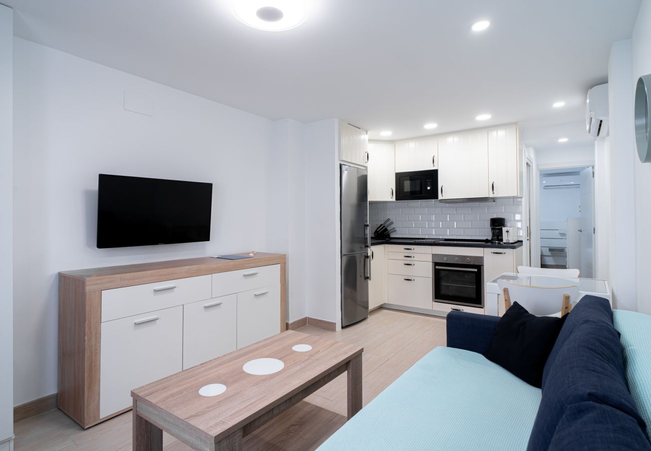 Bright living-dining room with open-plan kitchen in the Arce 2 apartment.