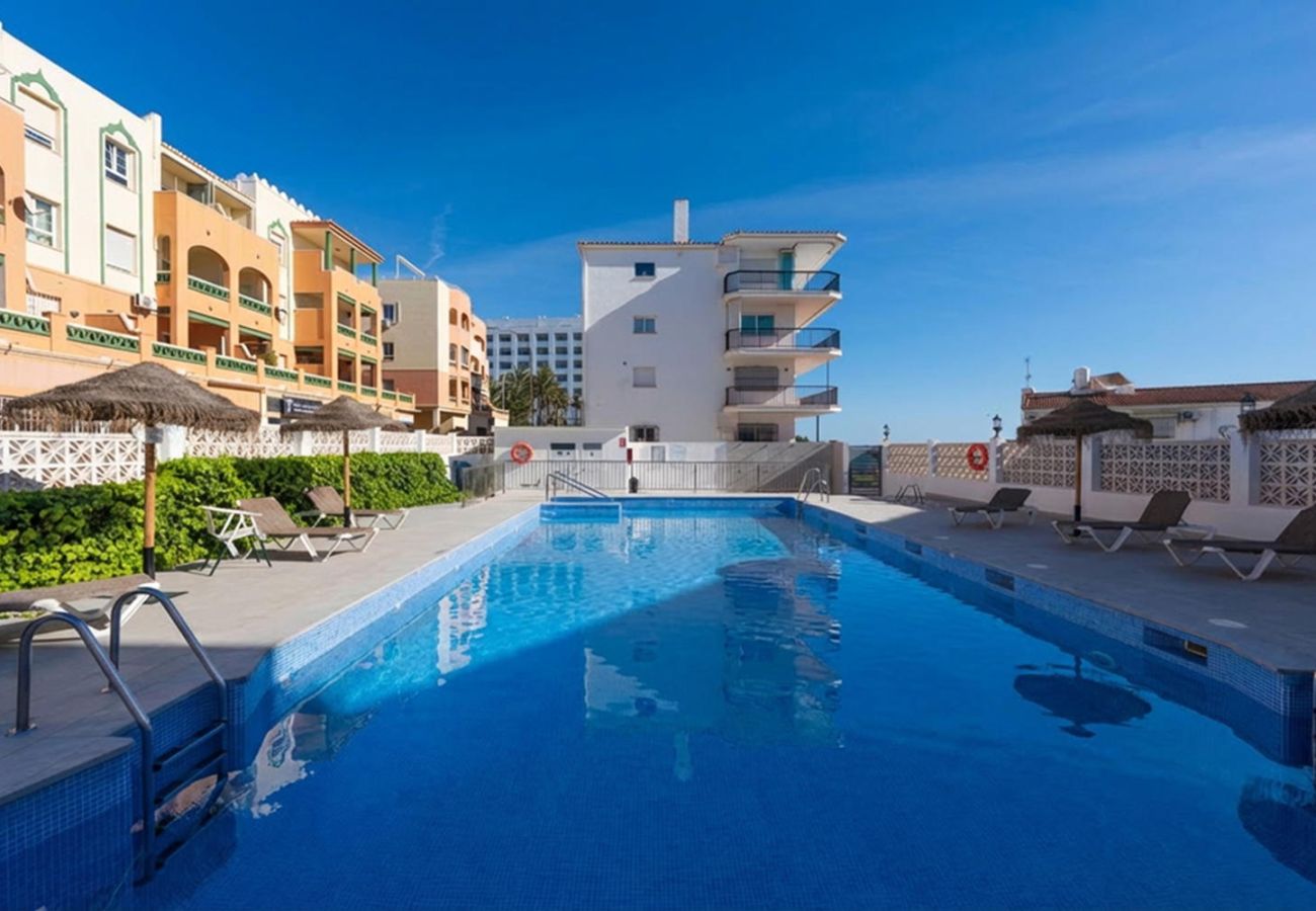 Gemensam pool i Arce 5-byggnaden med parasoll och solstolar.