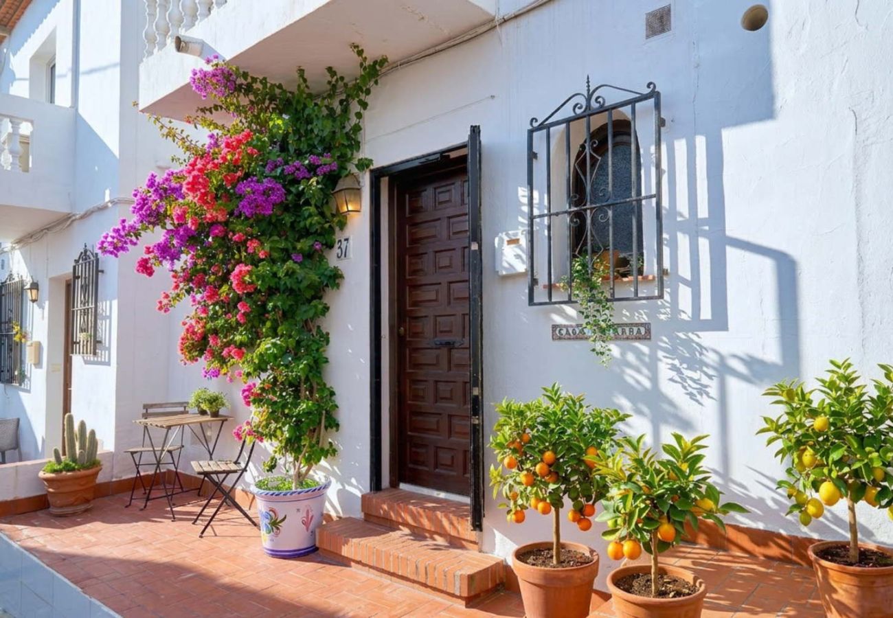 Entrén till huset i La Hacienda med blommor och traditionell andalusisk stil.