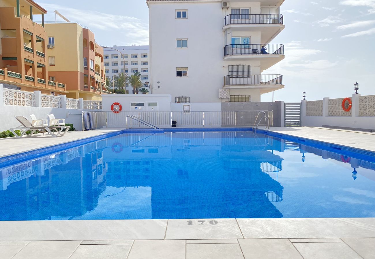 Gemensam pool med solstolar i Edificio Arce vid Torrecilla-stranden, Nerja.
